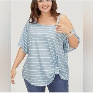 BloomChic Top Womens 2X 18 20 Blue White Striped Off Shoulder‎ T-shirt